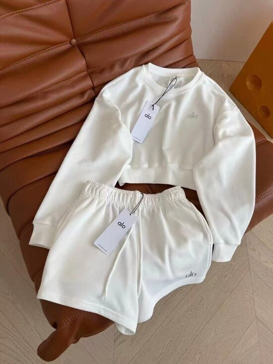 ALO Yoga Pants - ALO Yoga white sweatshirt and athletic shorts set, size L